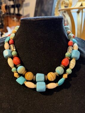 Vintage multicolored beads necklace. Stone, glass, turquoise,